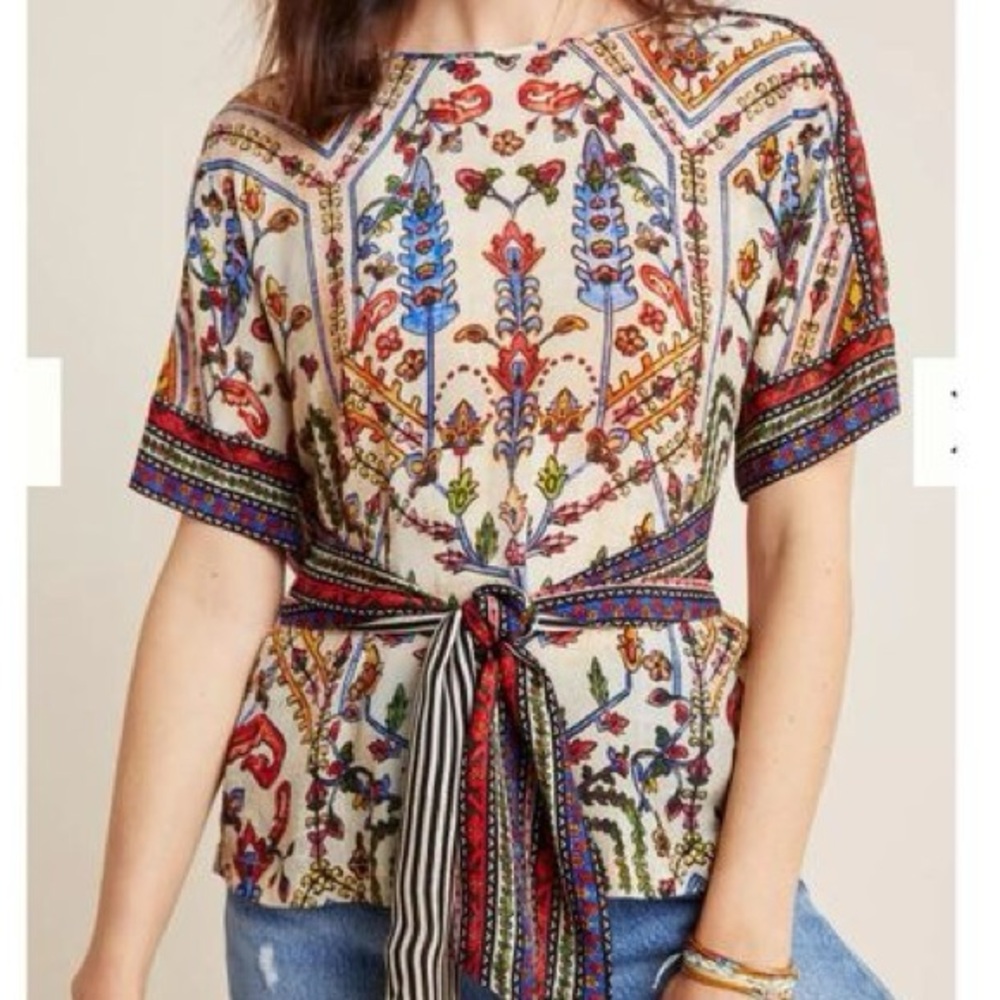 Colorful Floral Women's Blouse with Waist Tie